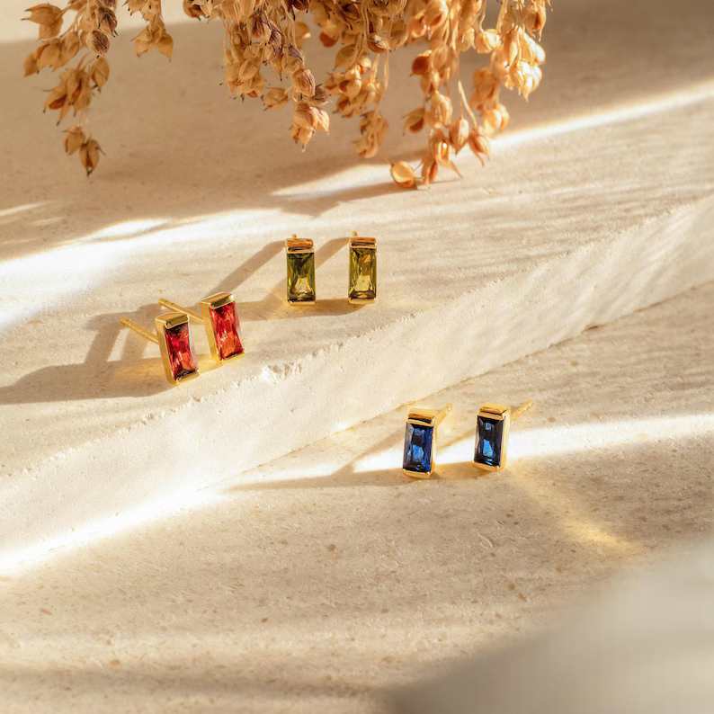 Minimalist Custom Sterling Silver Yellow Gold Birthstone Baguette Studs Earrings