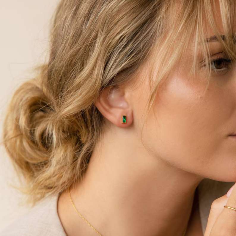 Minimalist Custom Sterling Silver Yellow Gold Birthstone Baguette Studs Earrings