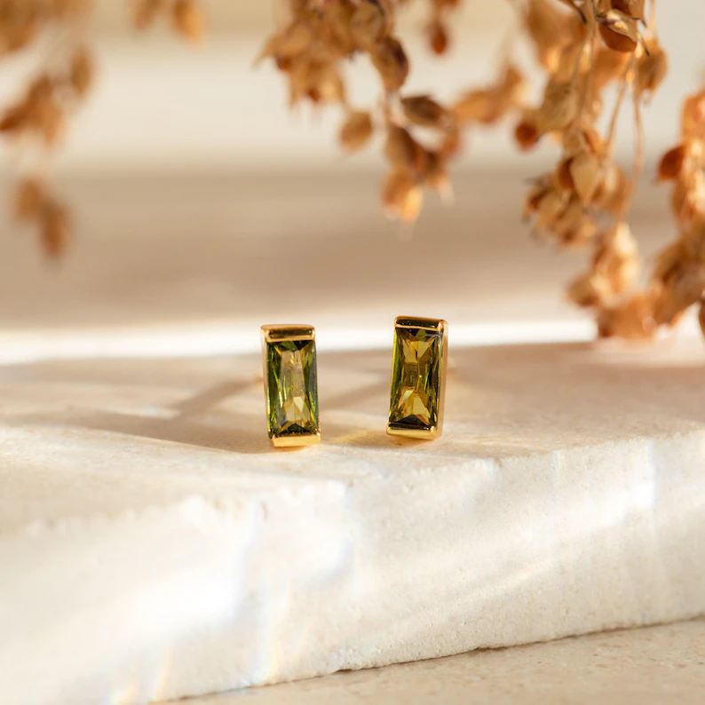 Minimalist Custom Sterling Silver Yellow Gold Birthstone Baguette Studs Earrings