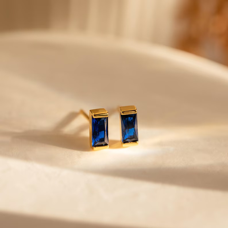 Minimalist Custom Sterling Silver Yellow Gold Birthstone Baguette Studs Earrings