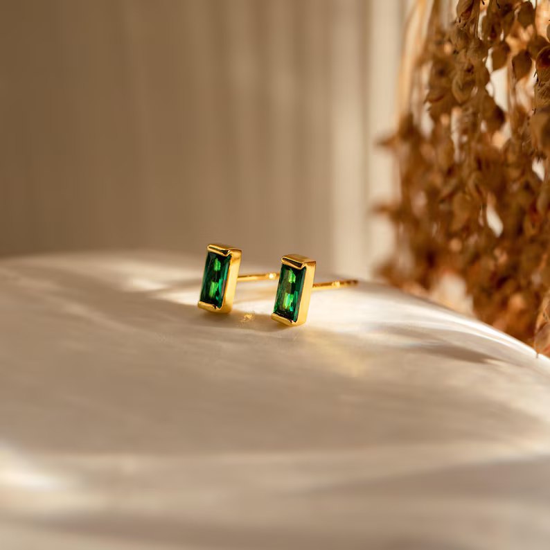 Minimalist Custom Sterling Silver Yellow Gold Birthstone Baguette Studs Earrings