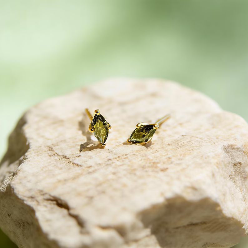Minimalist Marquise Sterling Silver Yellow Gold Birthstone Studs Earrings