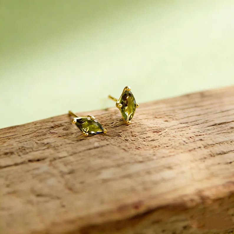Minimalist Marquise Sterling Silver Yellow Gold Birthstone Studs Earrings