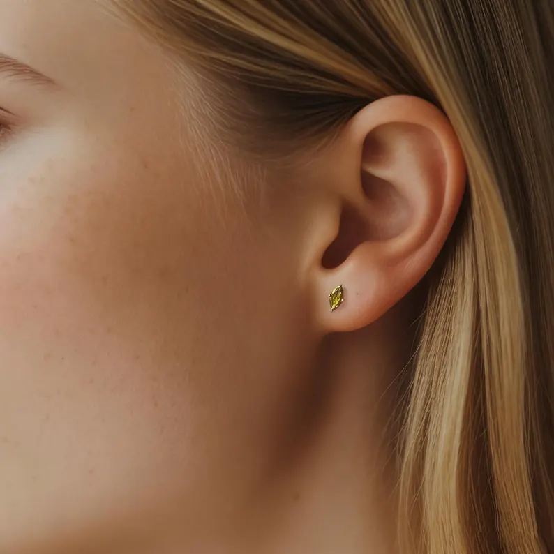 Minimalist Marquise Sterling Silver Yellow Gold Birthstone Studs Earrings