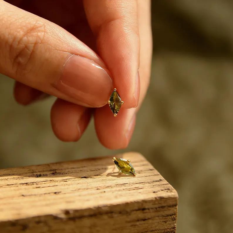 Minimalist Marquise Sterling Silver Yellow Gold Birthstone Studs Earrings