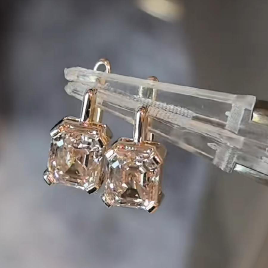 Asscher Cut Champagne Sterling Silver Stud Earrings 