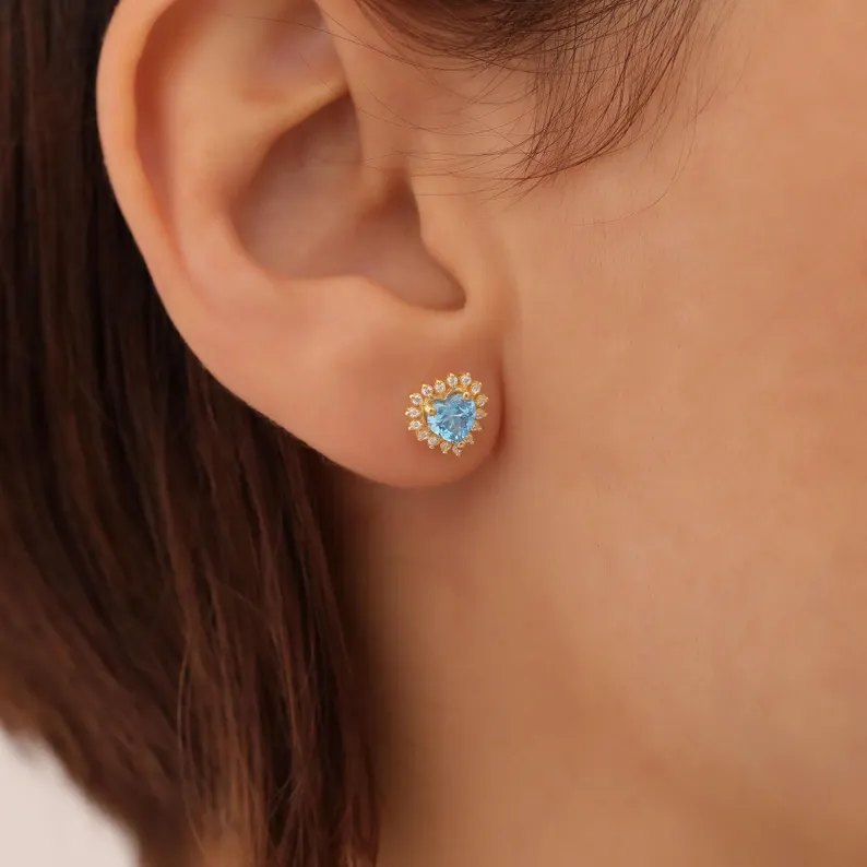 Minimalist Sterling Silver Yellow Gold Birthstone Heart Studs Earrings