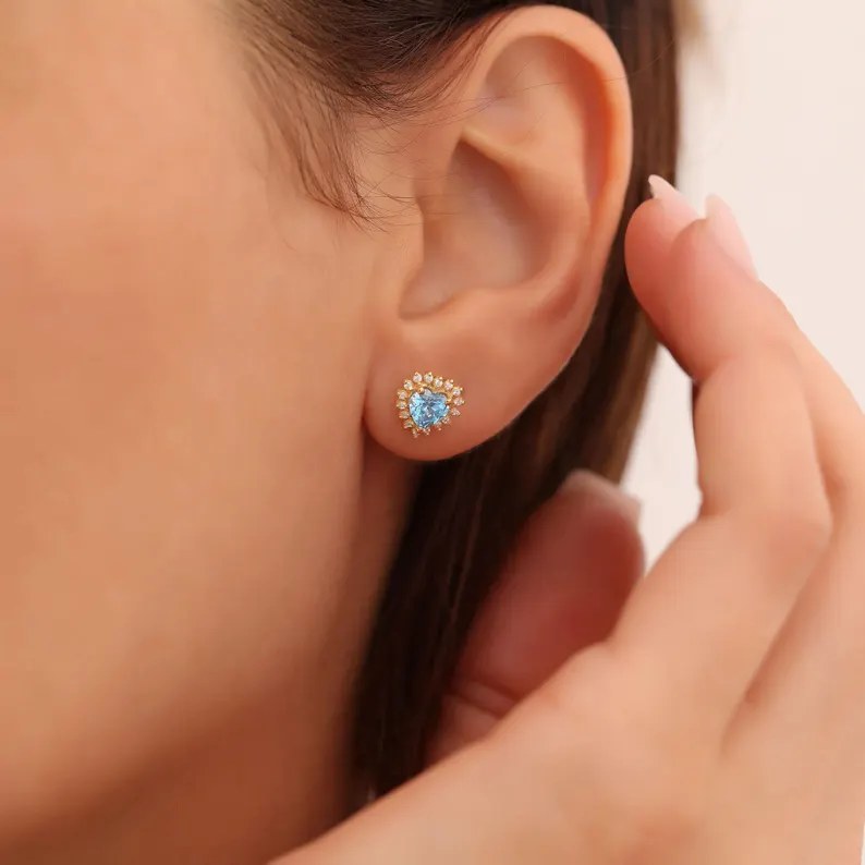 Minimalist Sterling Silver Yellow Gold Birthstone Heart Studs Earrings