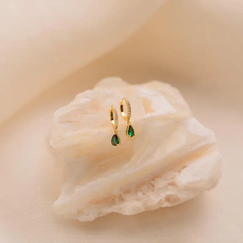 Minimalist Yellow Gold 925 Sterling Silver Birthstone Hoop Earrings