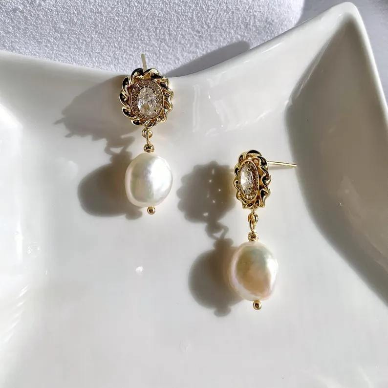 Vintage Diamond White 925 Sterling Silver Baroque Pearl Drop Earrings