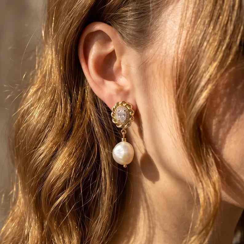 Vintage Diamond White 925 Sterling Silver Baroque Pearl Drop Earrings