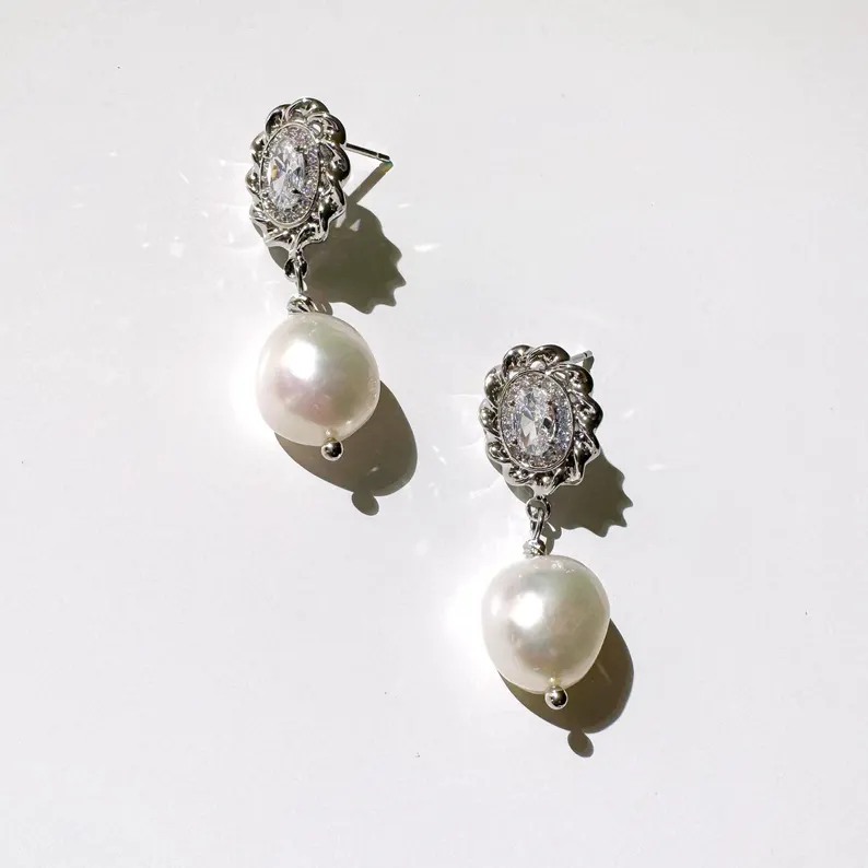 Vintage Diamond White 925 Sterling Silver Baroque Pearl Drop Earrings