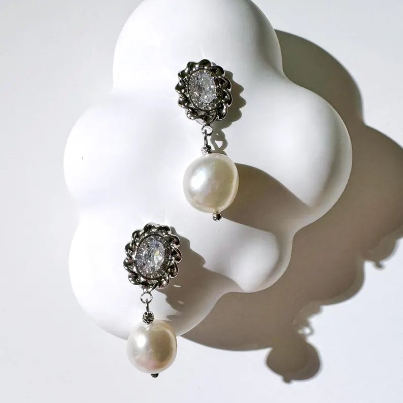 Vintage Diamond White 925 Sterling Silver Baroque Pearl Drop Earrings