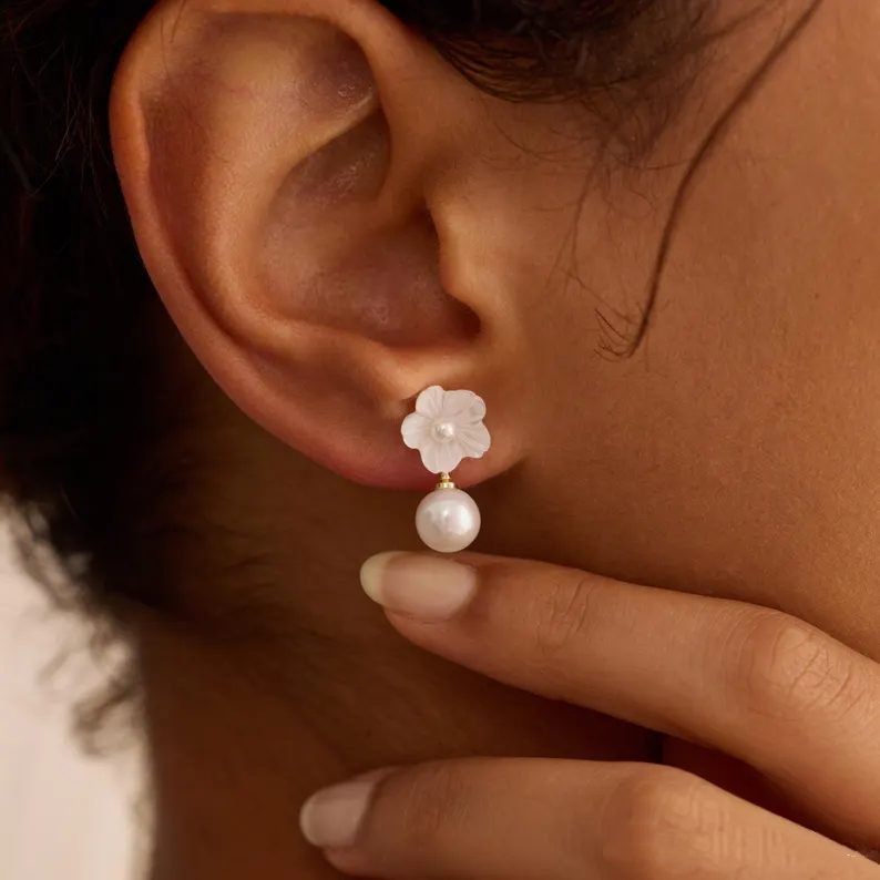 Dainty 925 Sterling Silver Mother of Pearl Flower Drop Earrings