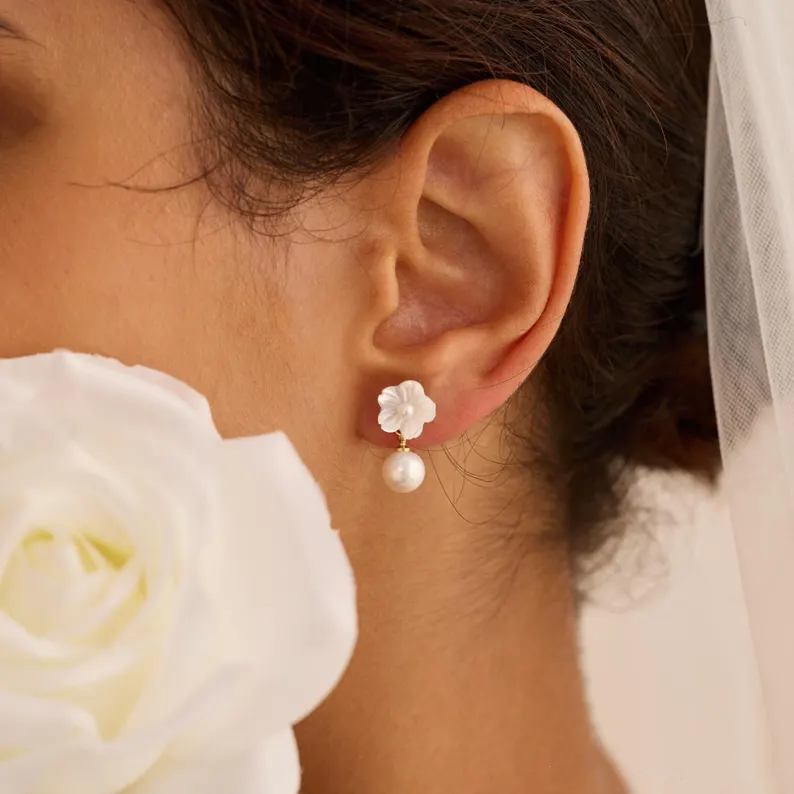 Dainty 925 Sterling Silver Mother of Pearl Flower Drop Earrings
