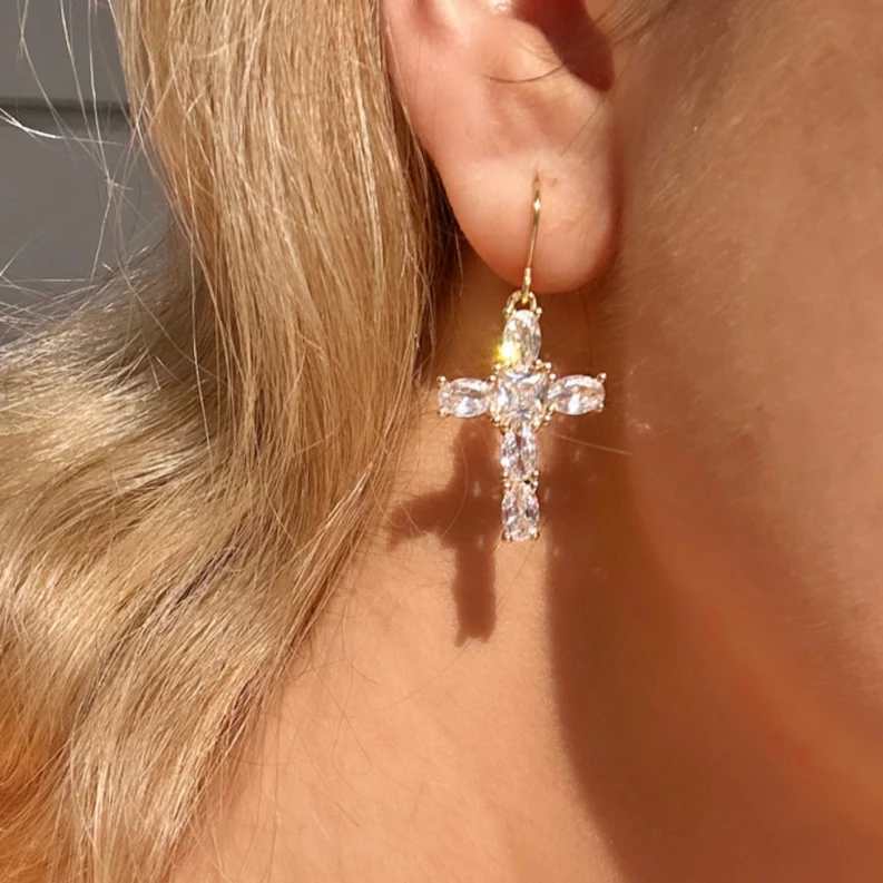 Minimalist Yellow Gold Diamond White 925 Sterling Silver Cross Dangle Earrings
