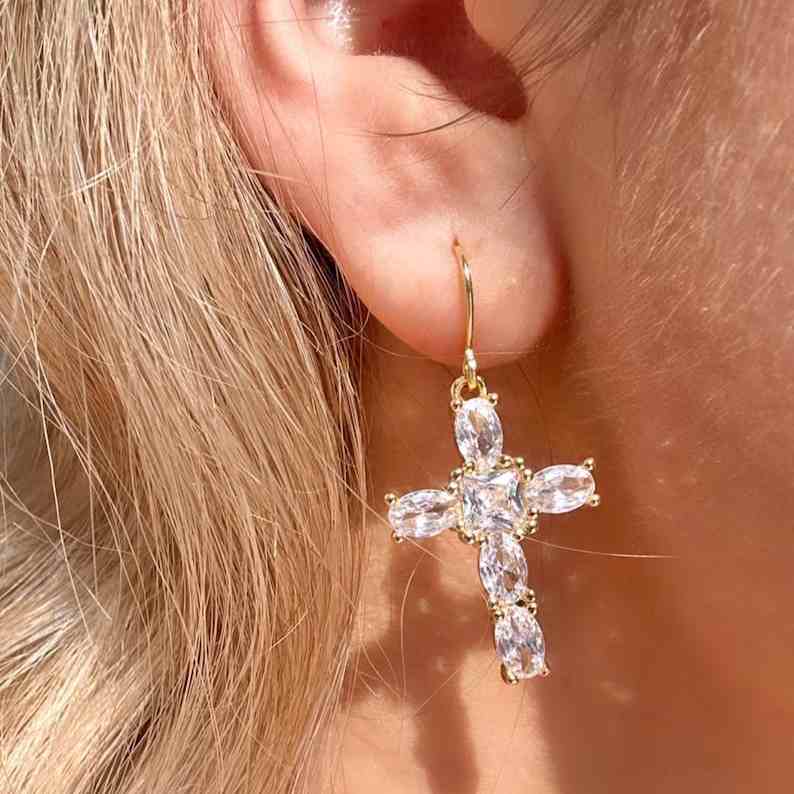 Minimalist Yellow Gold Diamond White 925 Sterling Silver Cross Dangle Earrings