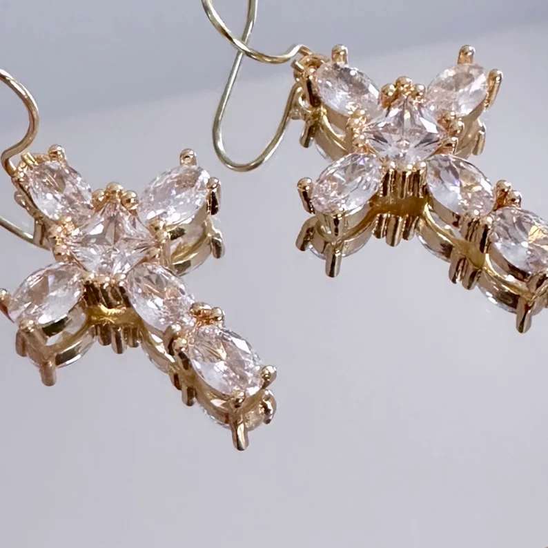 Minimalist Yellow Gold Diamond White 925 Sterling Silver Cross Dangle Earrings
