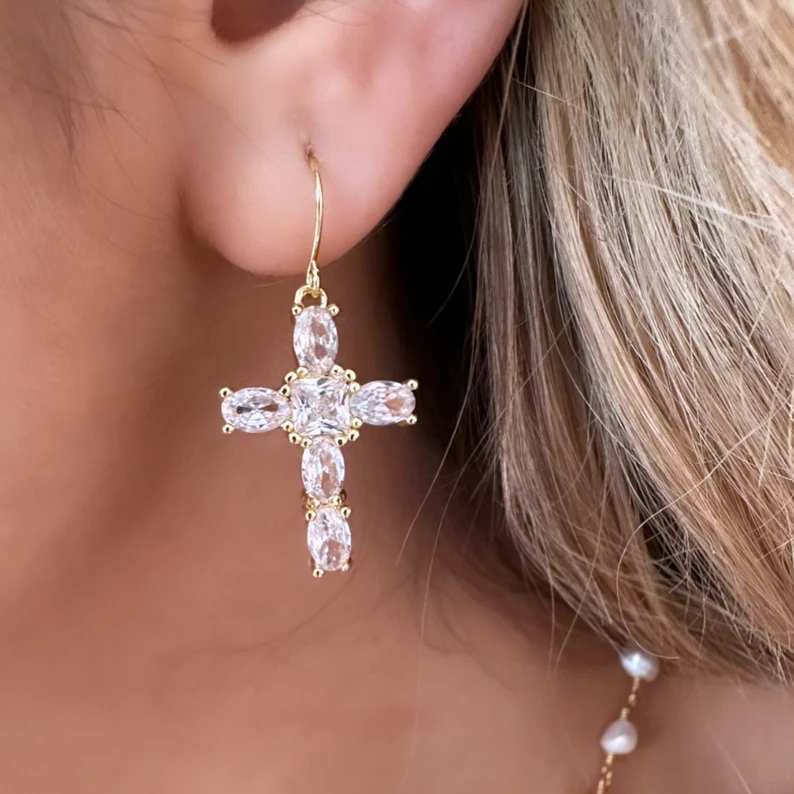 Minimalist Yellow Gold Diamond White 925 Sterling Silver Cross Dangle Earrings