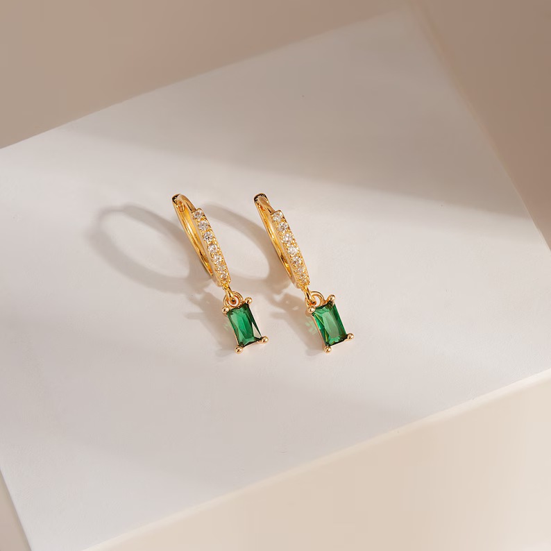 Vintage Minimalist Yellow Gold 925 Sterling Silver Baguette Birthstone Hoop Earrings