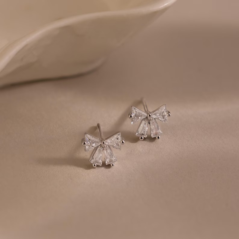Minimalist Diamond White 925 Sterling Silver Bow Stud Earrings