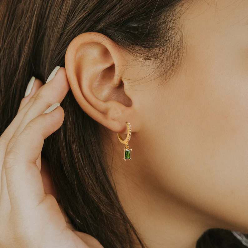 Vintage Minimalist Yellow Gold 925 Sterling Silver Baguette Birthstone Hoop Earrings