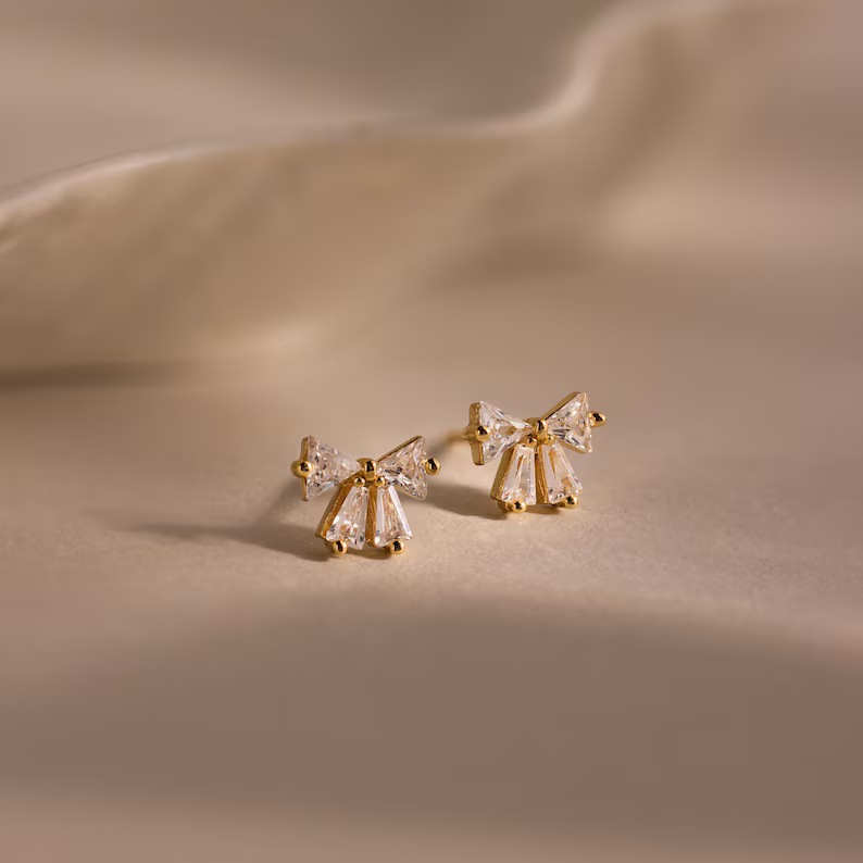 Minimalist Diamond White 925 Sterling Silver Bow Stud Earrings