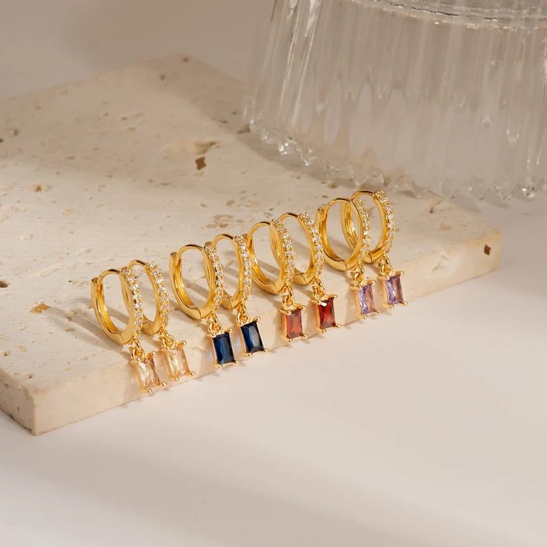 Vintage Minimalist Yellow Gold 925 Sterling Silver Baguette Birthstone Hoop Earrings
