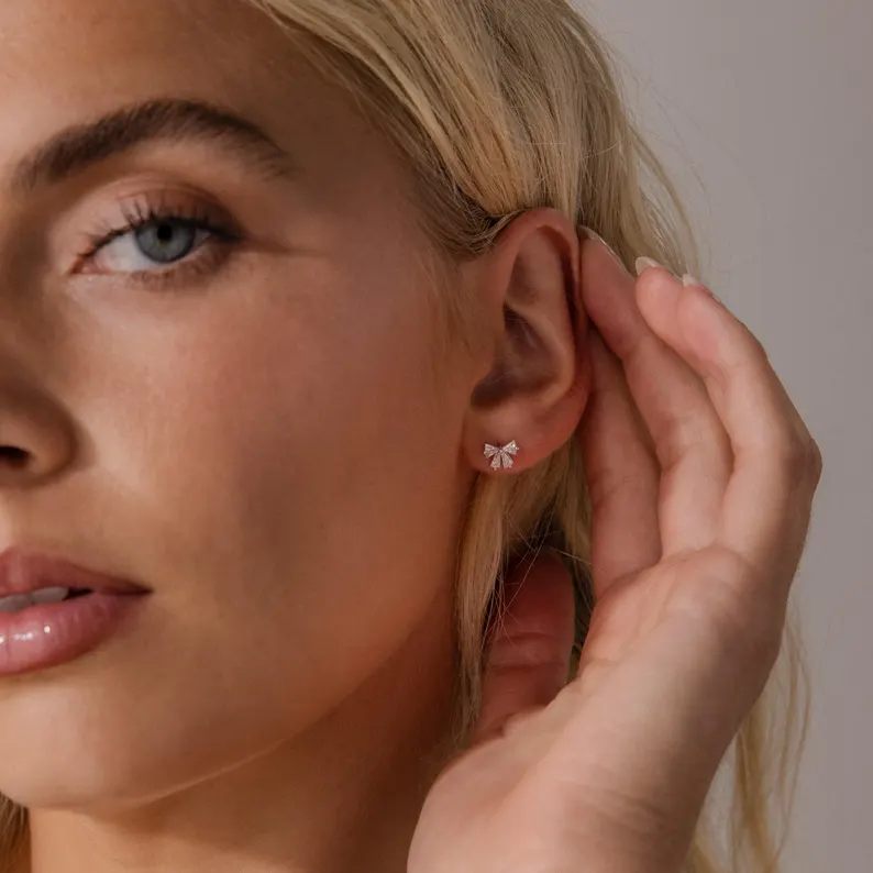 Minimalist Diamond White 925 Sterling Silver Bow Stud Earrings