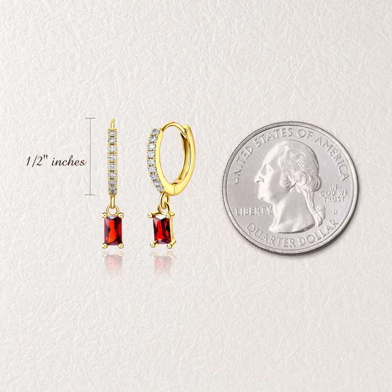 Vintage Minimalist Yellow Gold 925 Sterling Silver Baguette Birthstone Hoop Earrings