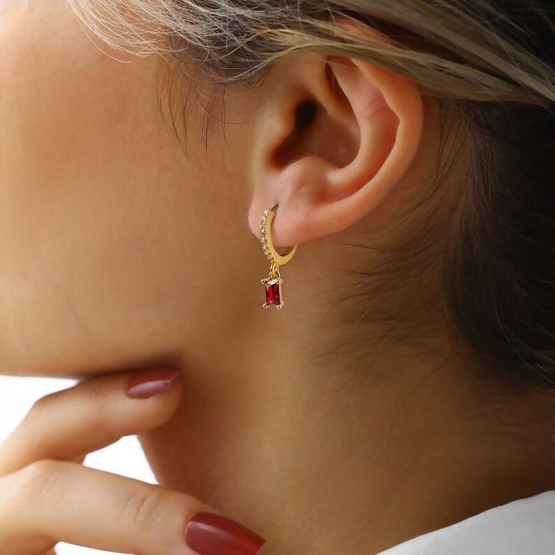 Vintage Minimalist Yellow Gold 925 Sterling Silver Baguette Birthstone Hoop Earrings