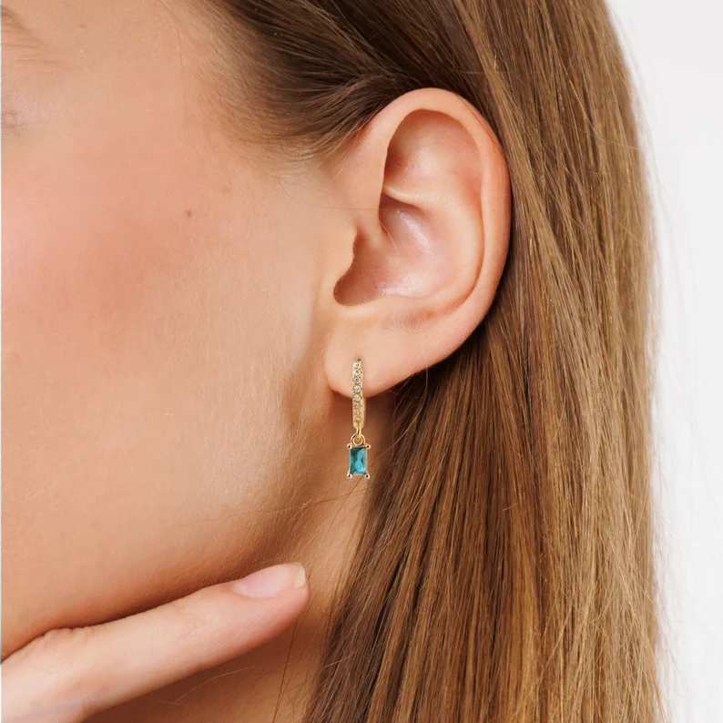 Vintage Minimalist Yellow Gold 925 Sterling Silver Baguette Birthstone Hoop Earrings