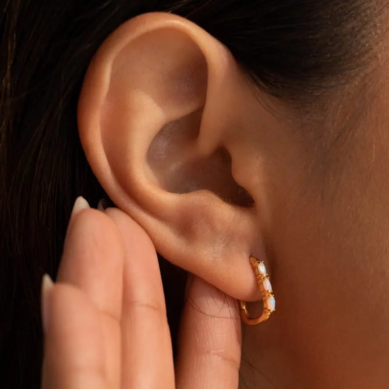 Minimalist 925 Sterling Silver Halo Opal Hoop Earrings