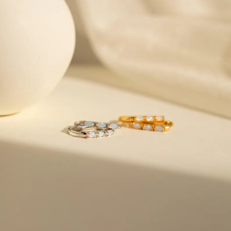 Minimalist 925 Sterling Silver Halo Opal Hoop Earrings