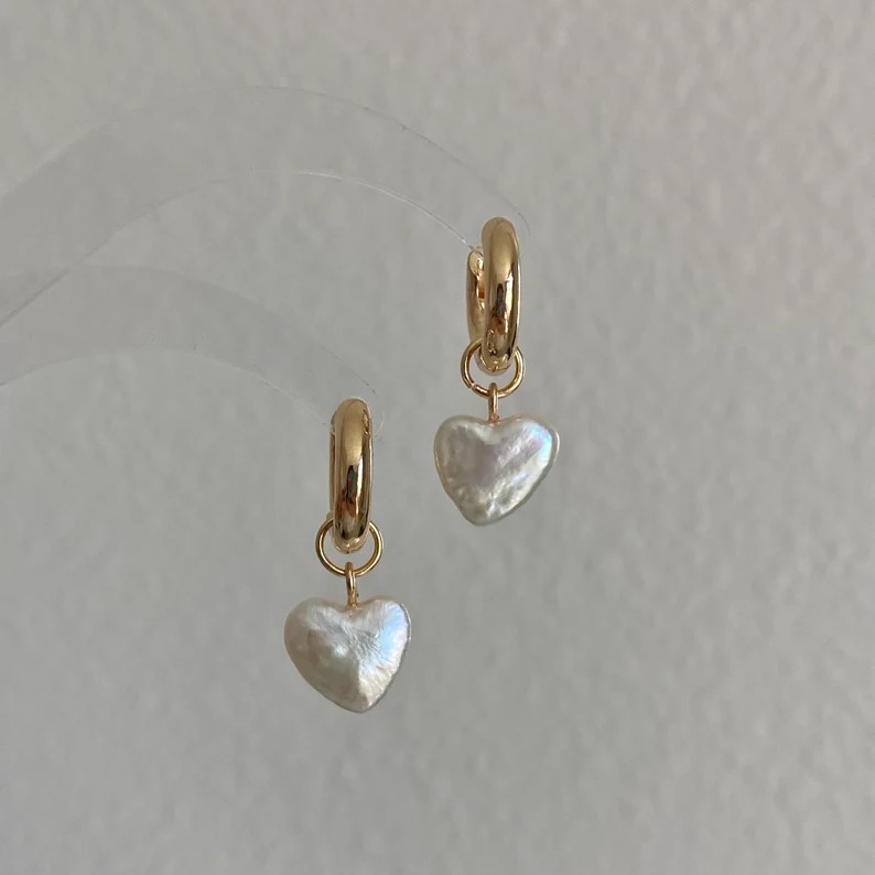 Minimalist Yellow Gold 925 Sterling Silver White Pearl Heart Drop Earrings