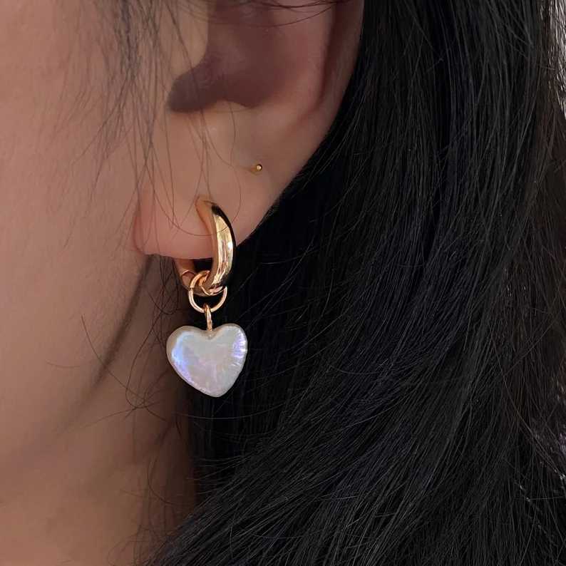 Minimalist Yellow Gold 925 Sterling Silver White Pearl Heart Drop Earrings