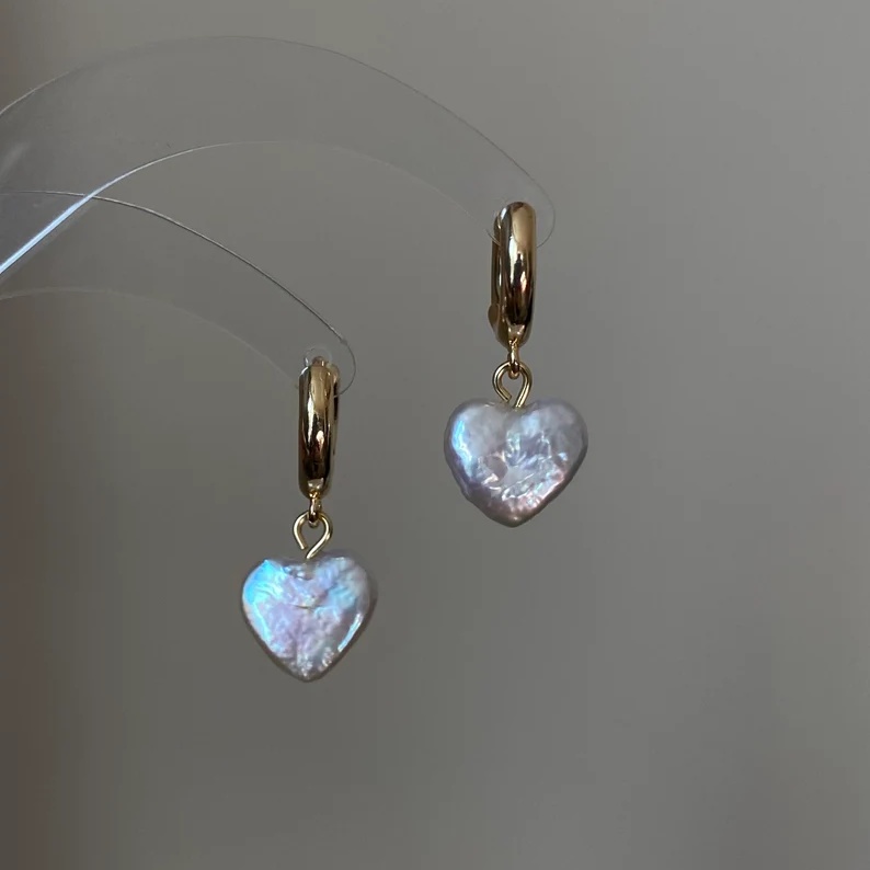 Minimalist Yellow Gold 925 Sterling Silver White Pearl Heart Drop Earrings