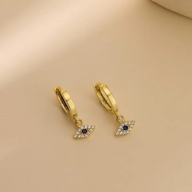 Minimalist Yellow Gold 925 Sterling Silver Birthstone Evil Eye Hoop Earrings