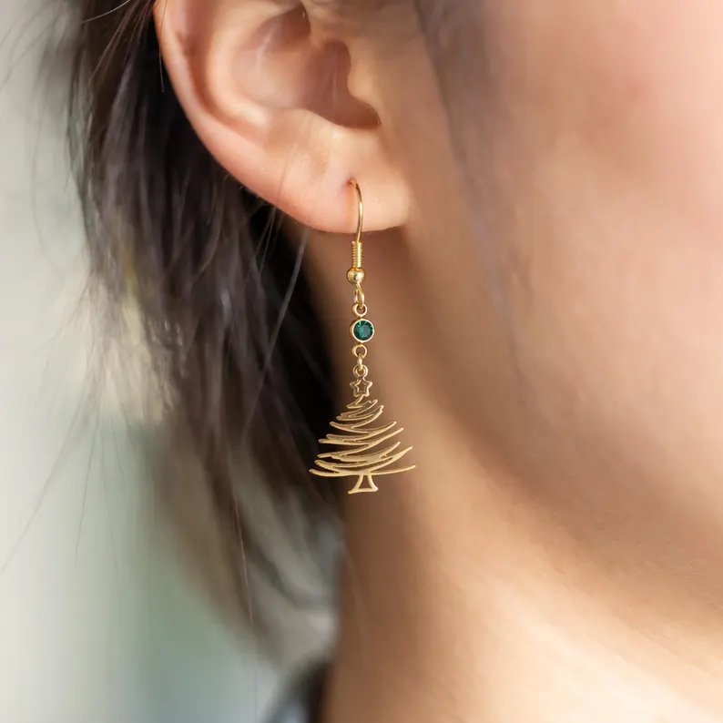 Personalized 925 Sterling Silver Birthstone Christmas Tree Earrings