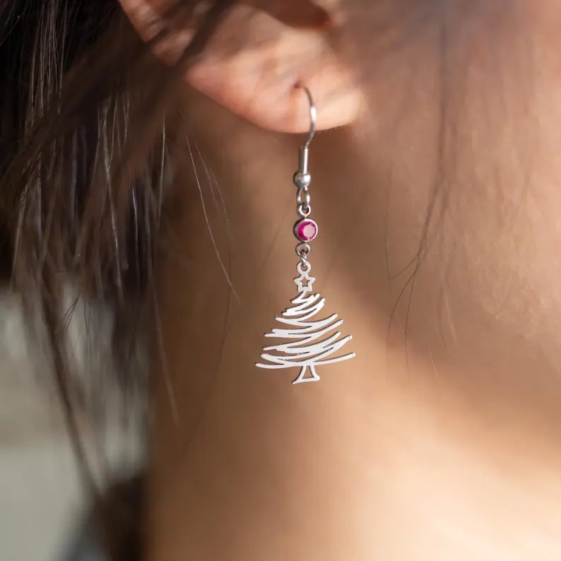 Personalized 925 Sterling Silver Birthstone Christmas Tree Earrings