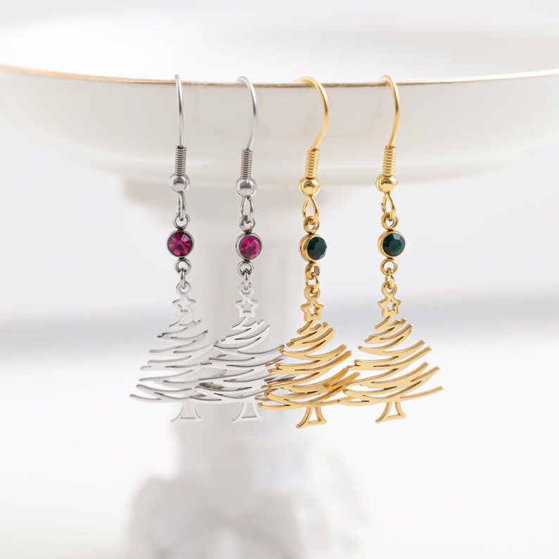 Personalized 925 Sterling Silver Birthstone Christmas Tree Earrings