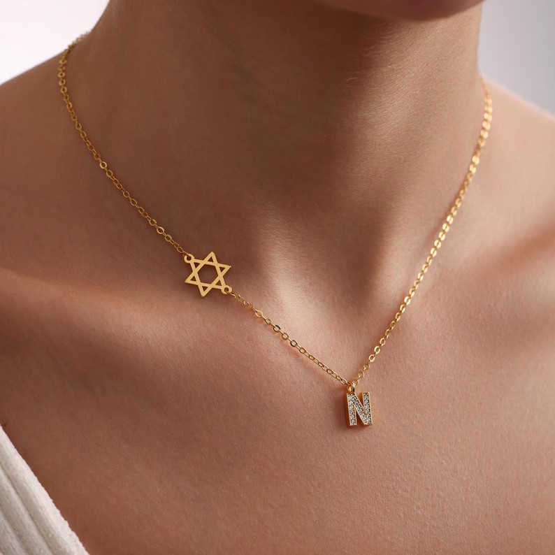 Personalized Yellow Gold 925 Sterling Silver Sideways Star of David Initial Pave Necklace For Her