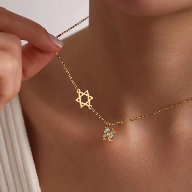 Personalized Yellow Gold 925 Sterling Silver Sideways Star of David Initial Pave Necklace For Her