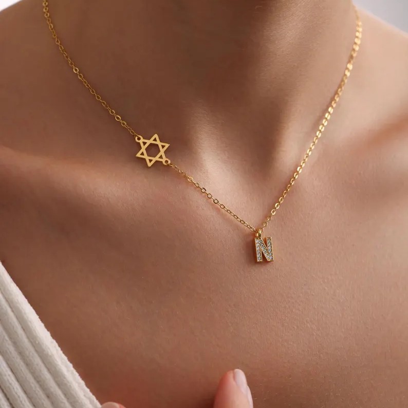 Personalized Yellow Gold 925 Sterling Silver Sideways Star of David Initial Pave Necklace For Her