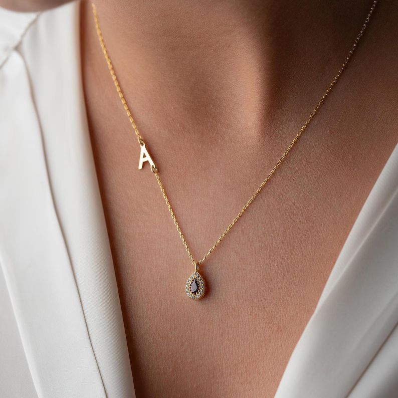 Dainty 925 Sterling Silver Initial Birthstone Necklace