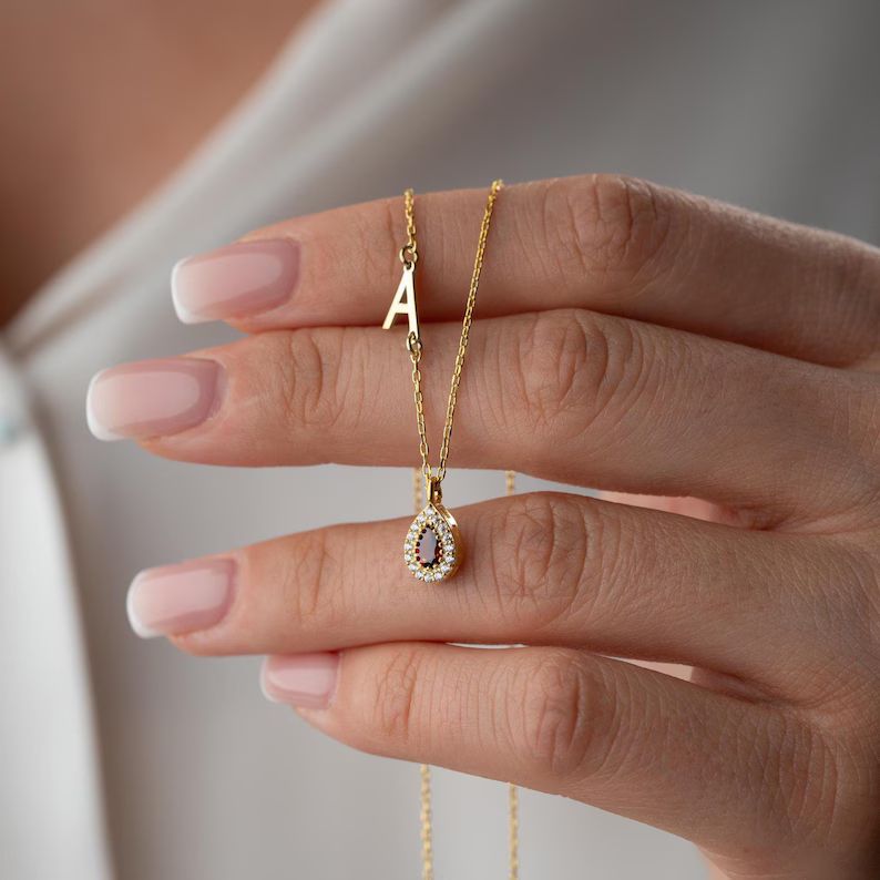Dainty 925 Sterling Silver Initial Birthstone Necklace