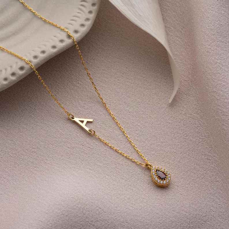 Dainty 925 Sterling Silver Initial Birthstone Necklace