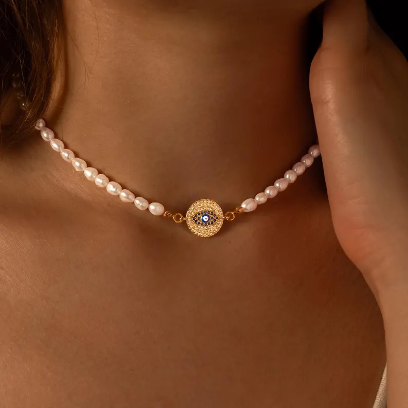 Dainty Freshwater Pearl Choker Necklace with Gold Evil Eye Pendant Gift for Her