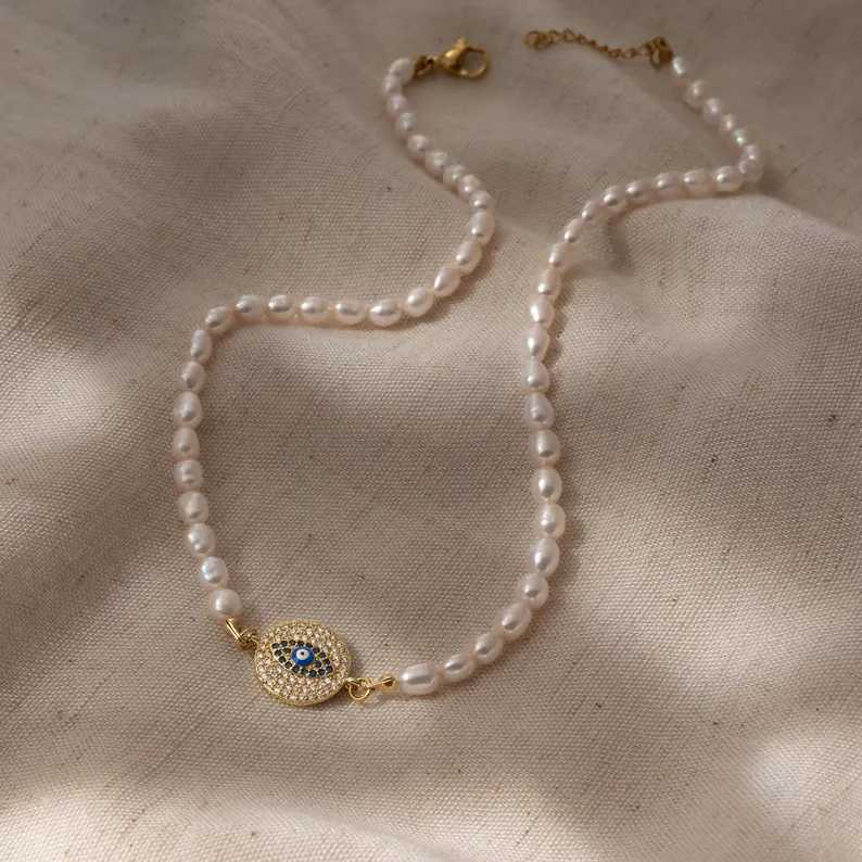 Dainty Freshwater Pearl Choker Necklace with Gold Evil Eye Pendant Gift for Her