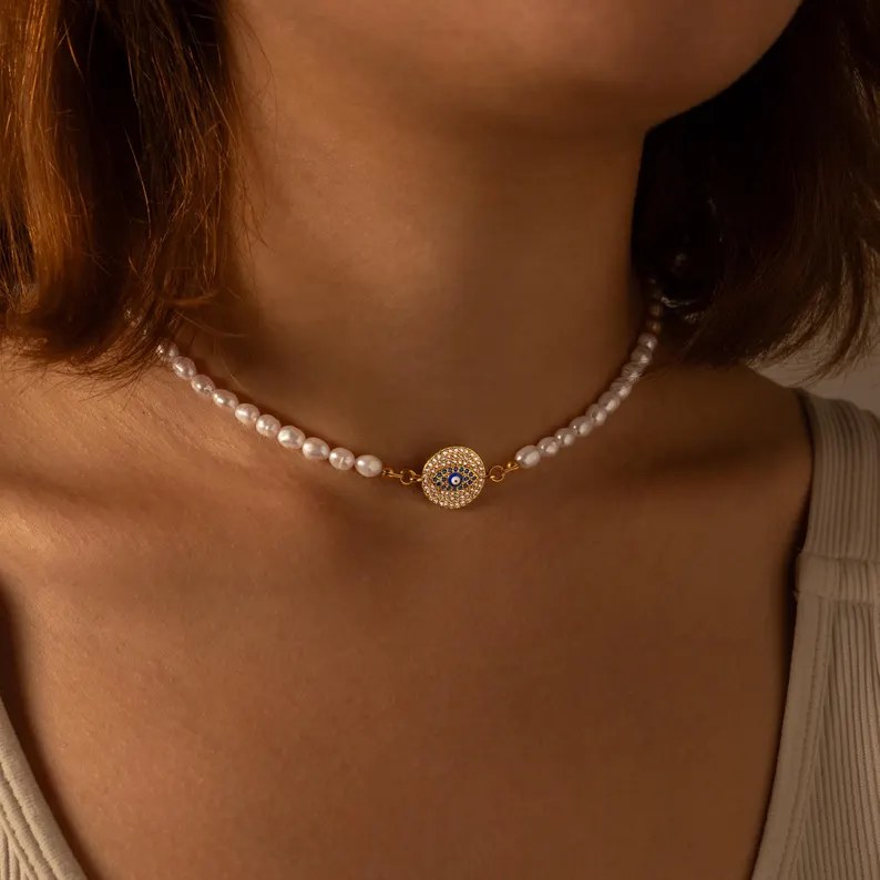 Dainty Freshwater Pearl Choker Necklace with Gold Evil Eye Pendant Gift for Her